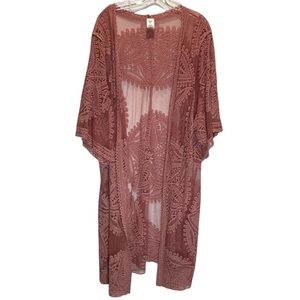 Bohemian Sheer Pink Embroidered Cotton Blend Kimono, Duster Length - Size 2X/3X